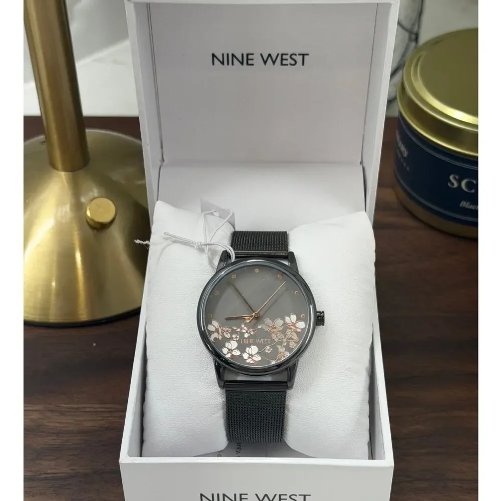 Nine West Floral Dial Mesh Watch NW/2429FLGY Gunmetal Rose Gold NIB